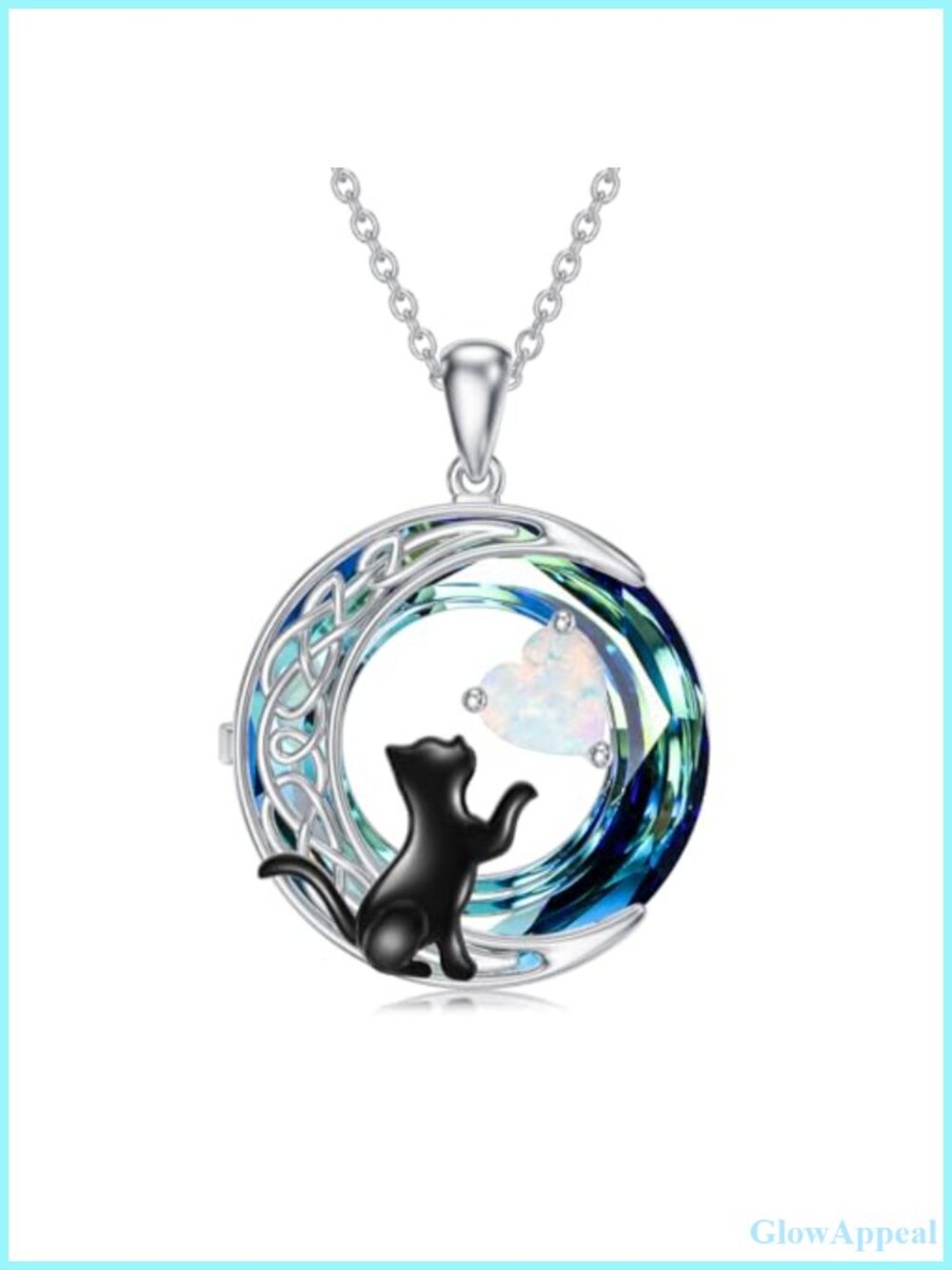 925 Sterling Silver Black Cat Pendant Necklace Opal October Birthstone Celtic